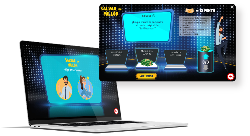 Composición de imagenes en la que se pueden ver diferentes pantallas de un curso eLearning con gamificación.