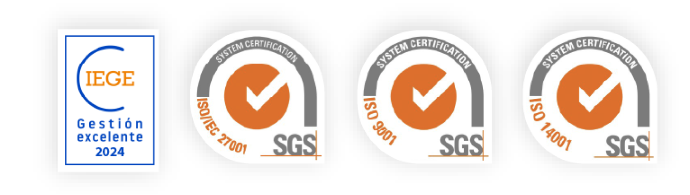 Nuestras Certificaciones, como son la ISO-9001, ISO/IEC 27001, ISO-14001 y el premio IEGE a la Gestión Excelente 2024.