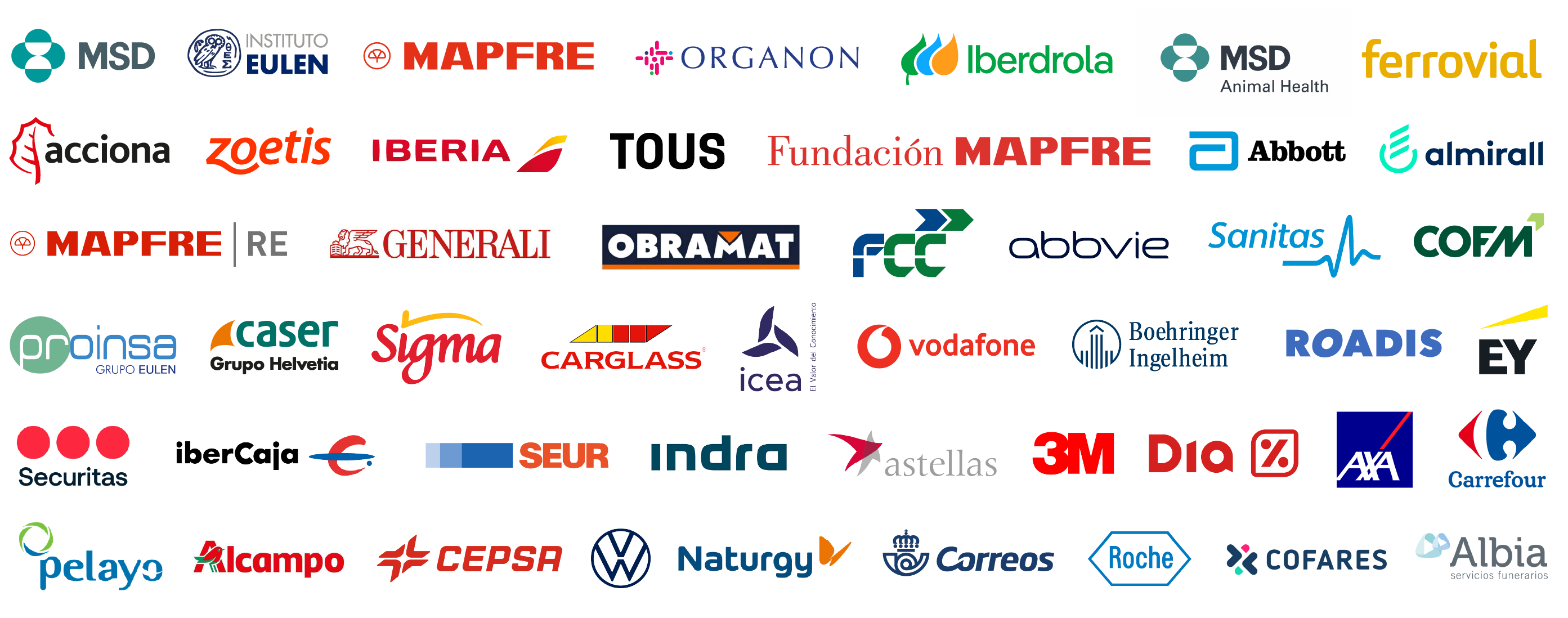 Composición de logos de nuestros principales clientes, como son, Mapfre, Iberdrola, MSD, Organon, Grupo Eulen, Ferrovial, Acciona, Tous, Obramat, etc
